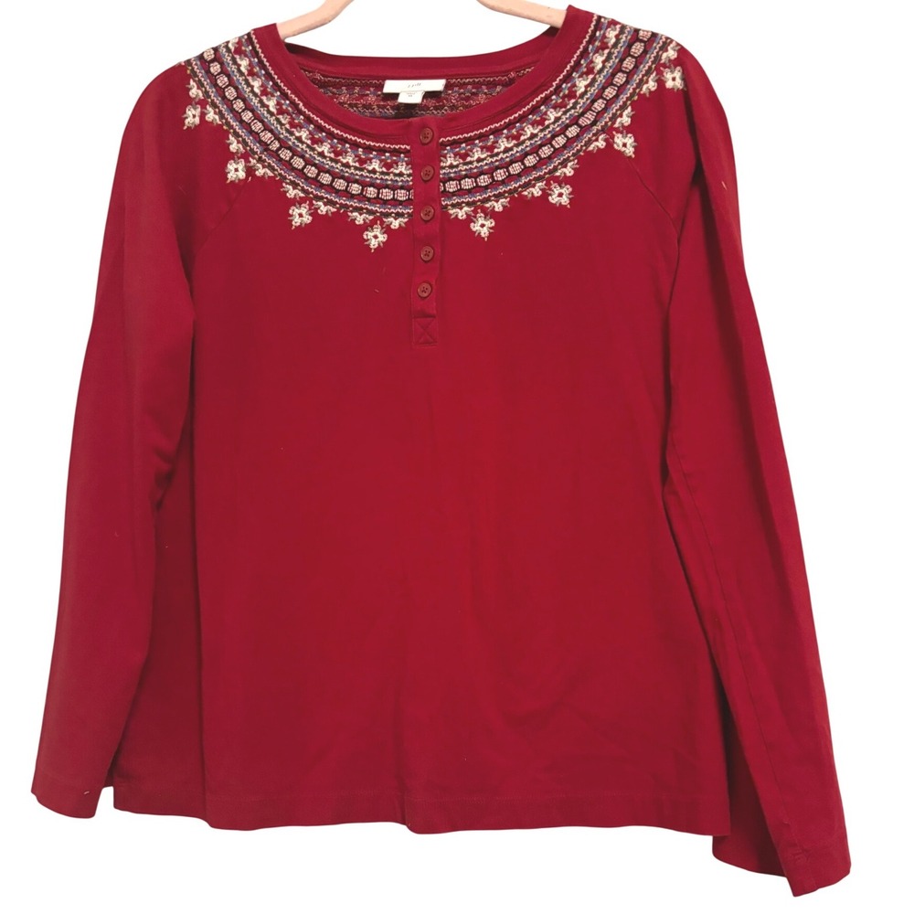 J. Jill Red Embroidered Henley Top Long Sleeve Raglan Shirt Womens Medium